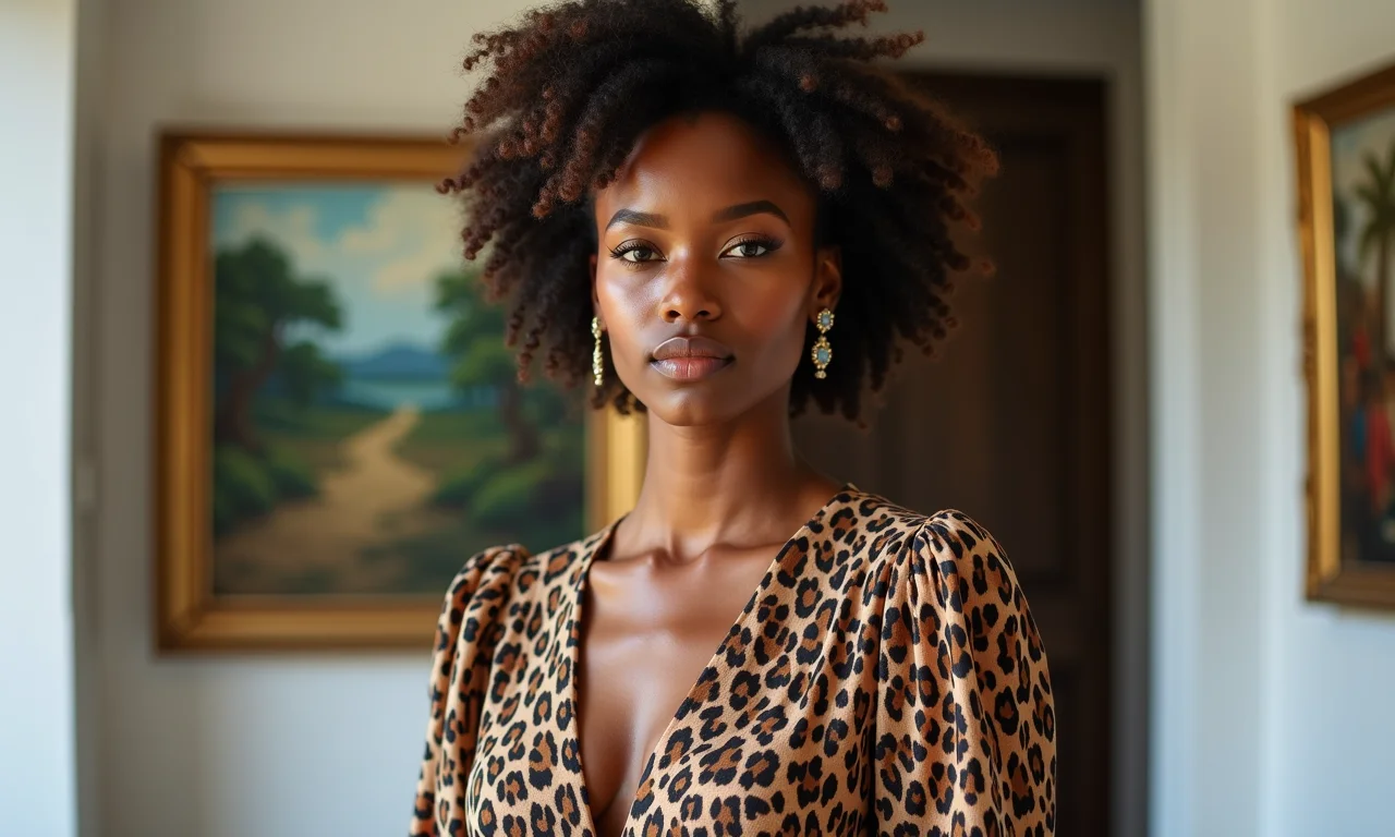 Mulher com vestido animal print revisitado em galeria de arte em São Paulo.