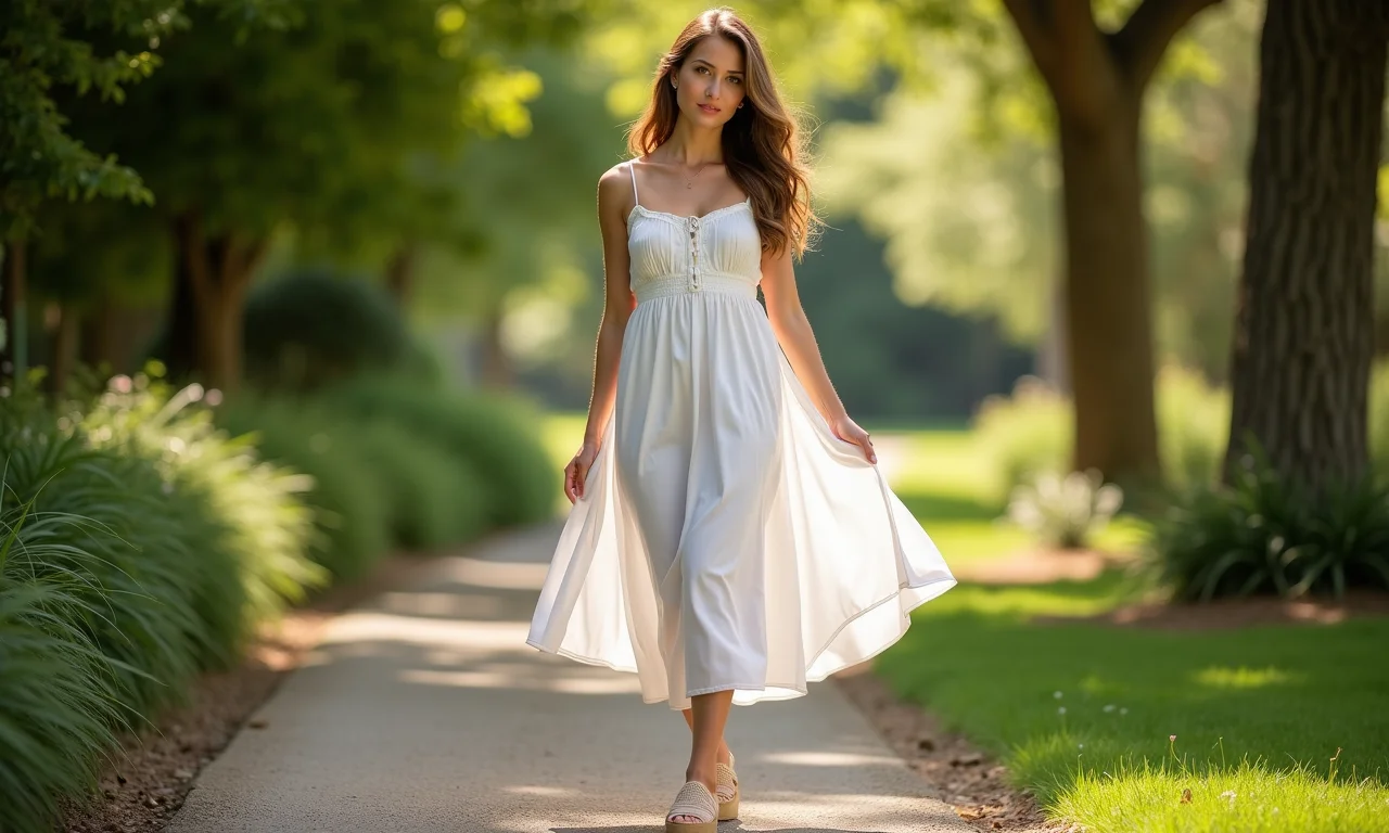 Mulher com vestido branco e espadrilles bege em um jardim.