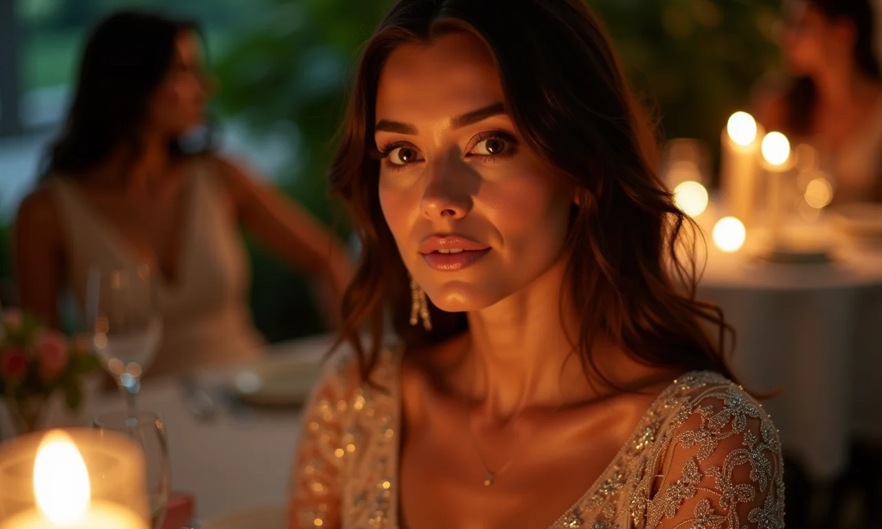 Mulher com vestido brilhante e bordado em jantar romântico de bodas.