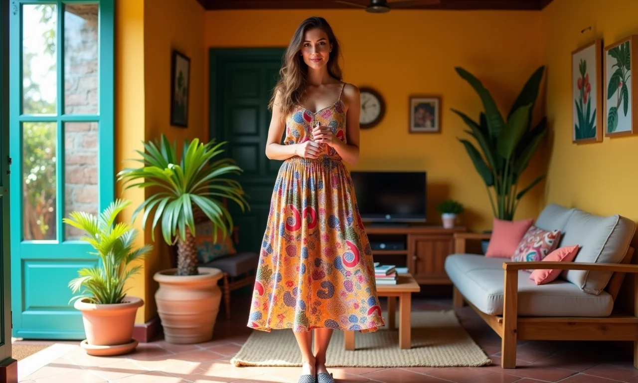 Mulher com vestido colorido e espadrilles estampadas em apartamento estilo Farm Rio.