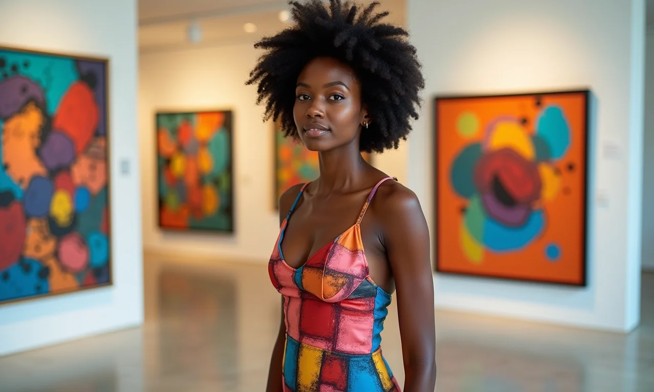 Mulher com vestido de estampa abstrata em museu de arte moderna no Brasil.