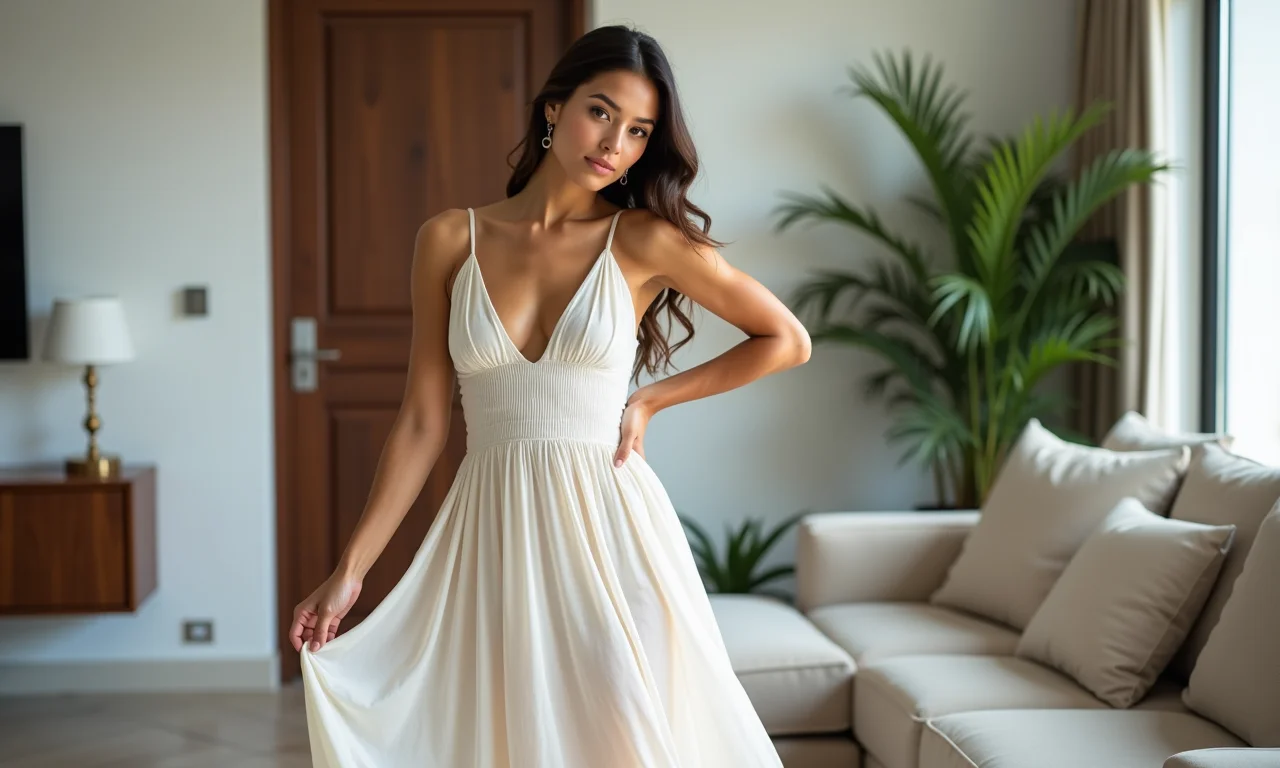 Mulher com vestido de modal com caimento impecável.