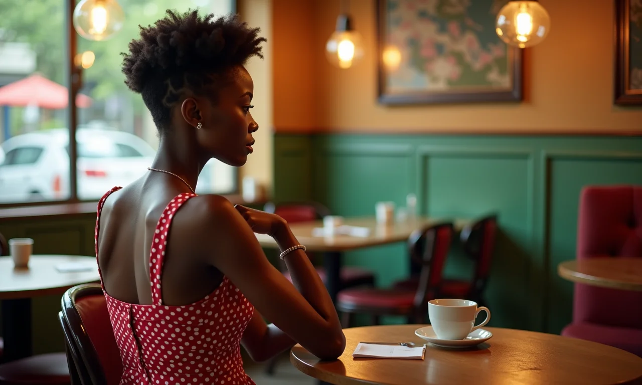 Mulher com vestido de poá em café vintage brasileiro.