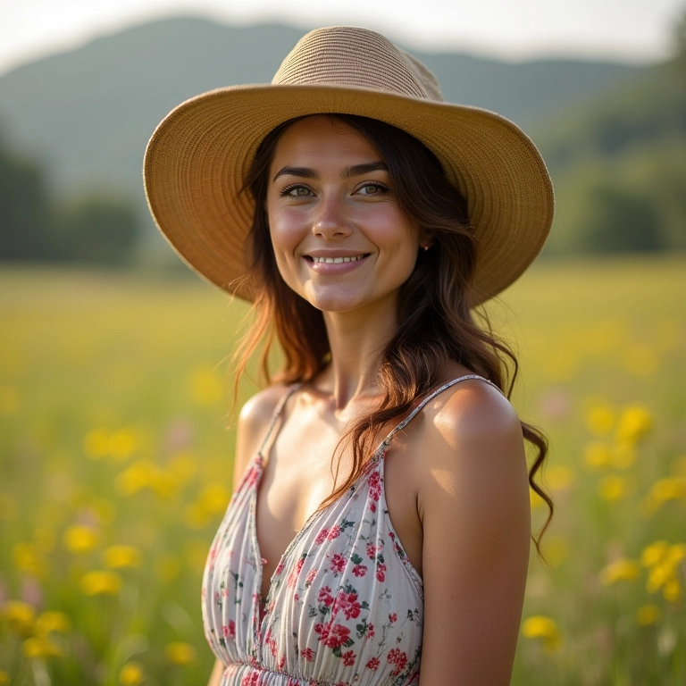 Mulher com vestido de verão e chapéu borsalino, estilo Farm Rio.