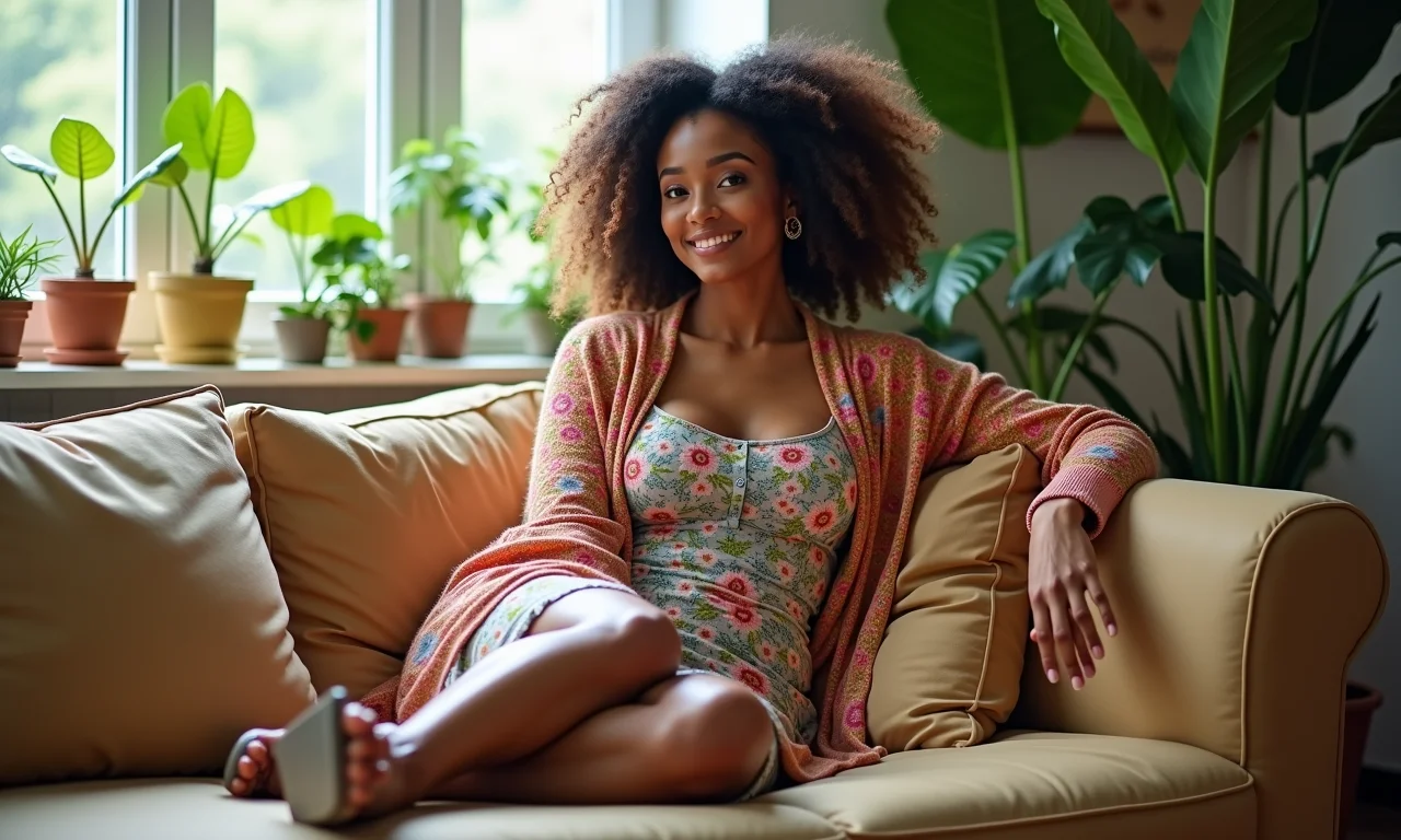 Mulher com vestido floral, cardigan colorido e salto bloco relaxando em apartamento.