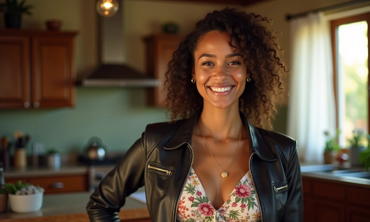 Mulher com vestido floral e jaqueta de couro em apartamento ensolarado.