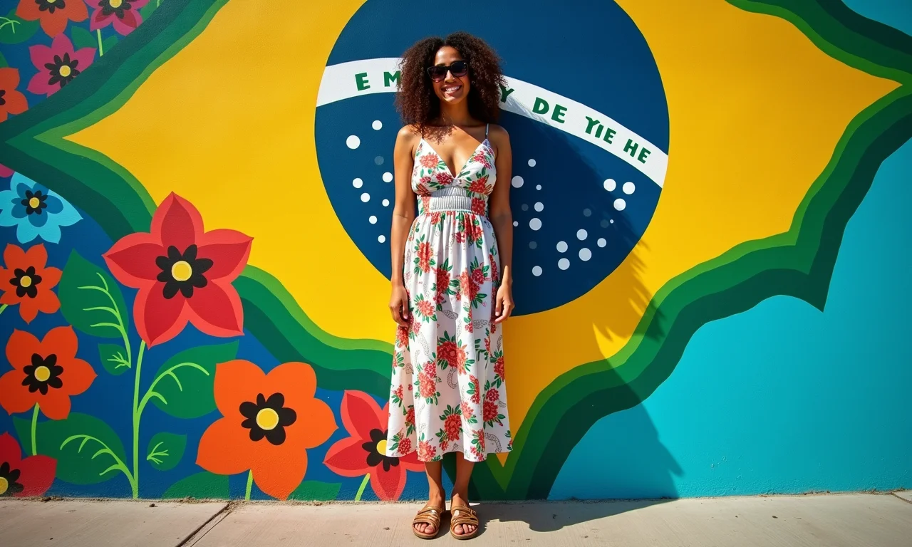 Mulher com vestido floral e papete em frente a um mural brasileiro.