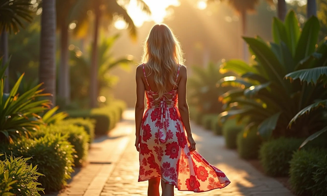 Mulher com vestido floral repaginado caminhando em um jardim brasileiro ensolarado.