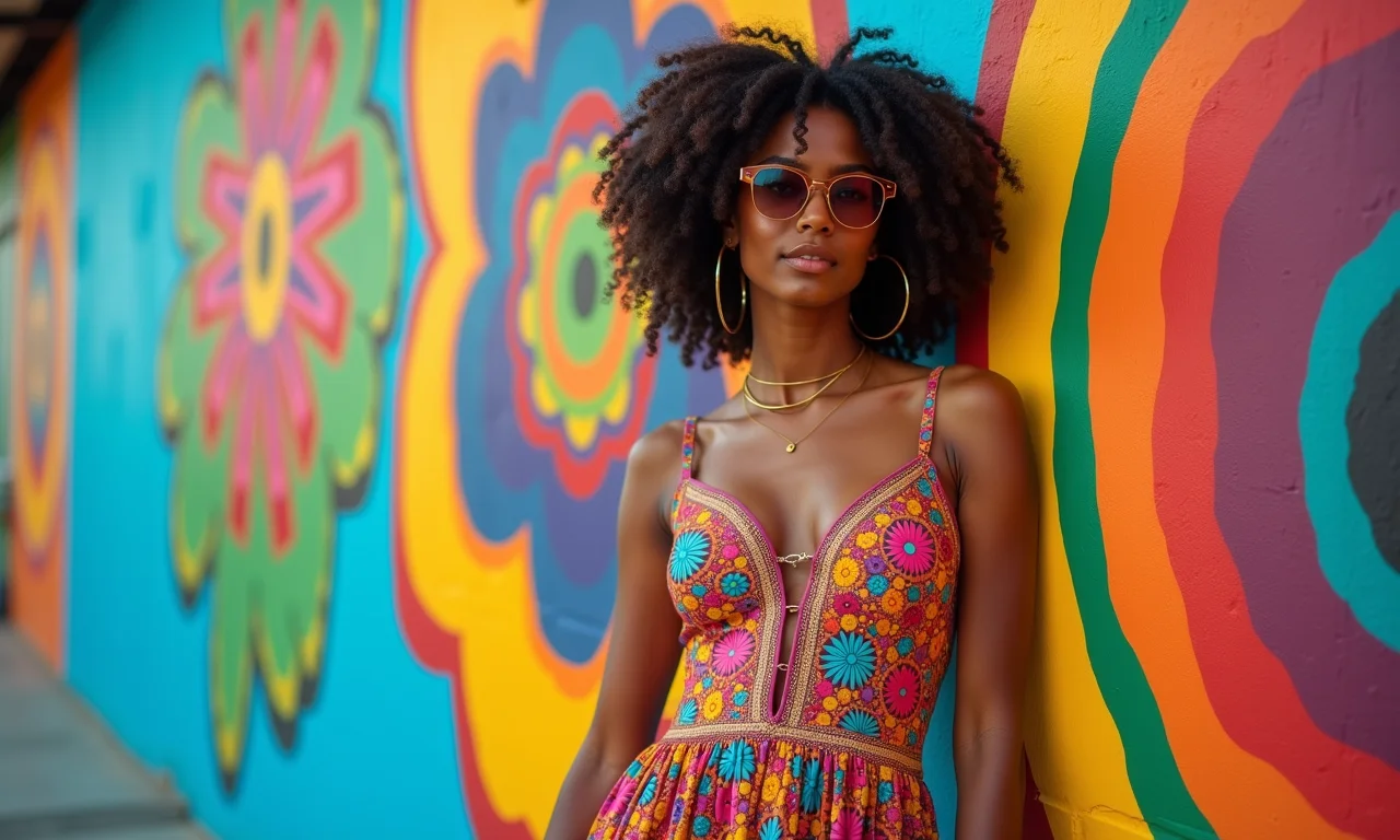 Mulher com vestido psicodélico em frente a mural colorido no Rio de Janeiro.
