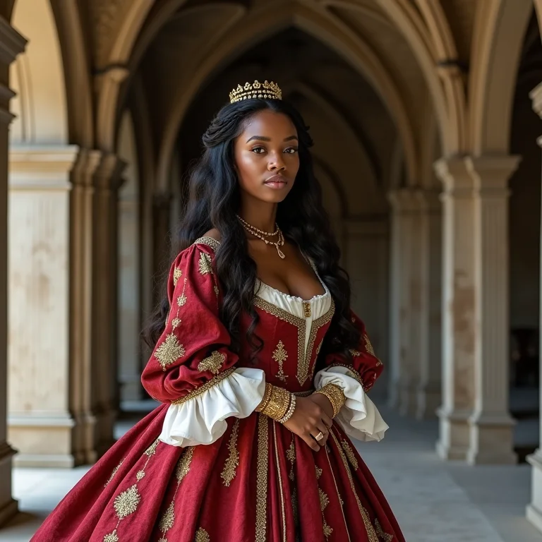 Mulher com vestimenta renascentista posando em um palácio.