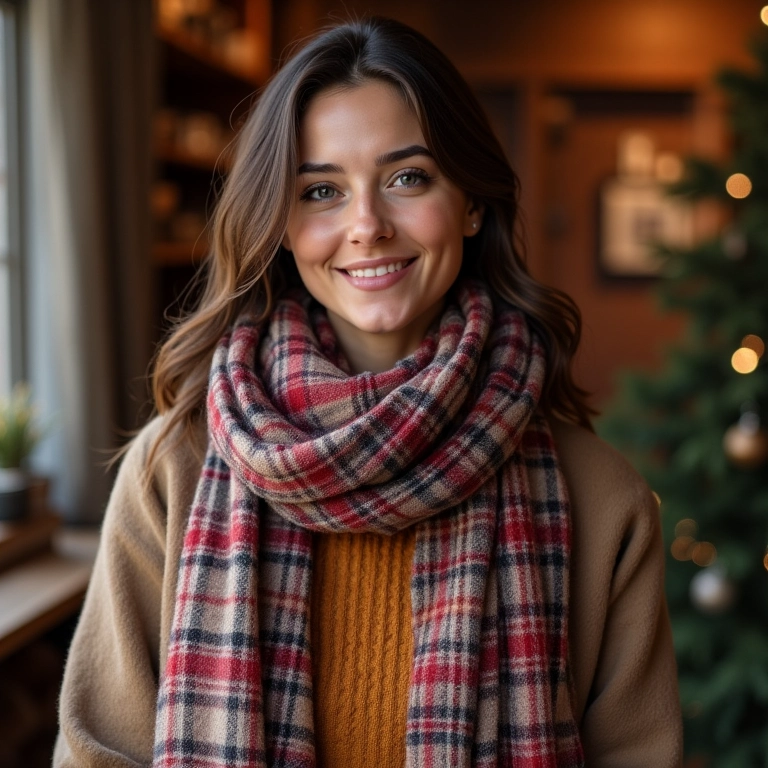 Mulher combinando estampas no inverno com lenço, casaco e suéter.