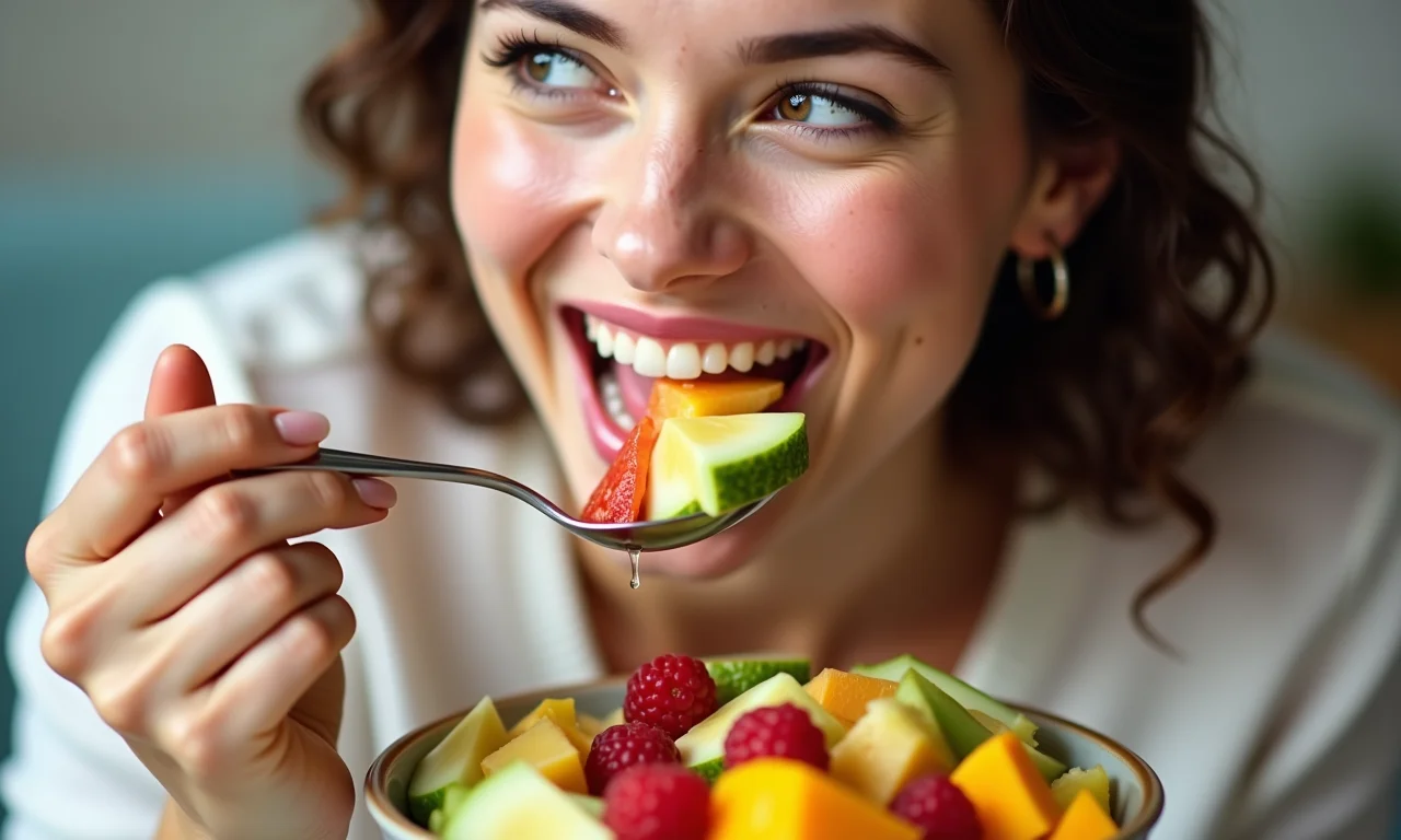 Mulher comendo salada de frutas, alimentação para pele e cabelo saudáveis.