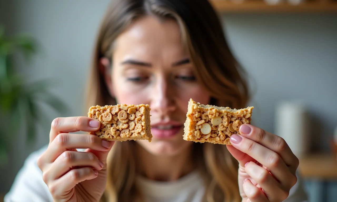 Mulher comparando barras de cereal, observando os rótulos.