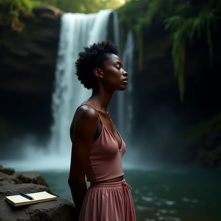 Mulher concentrada sob uma cachoeira, inspirada pela natureza