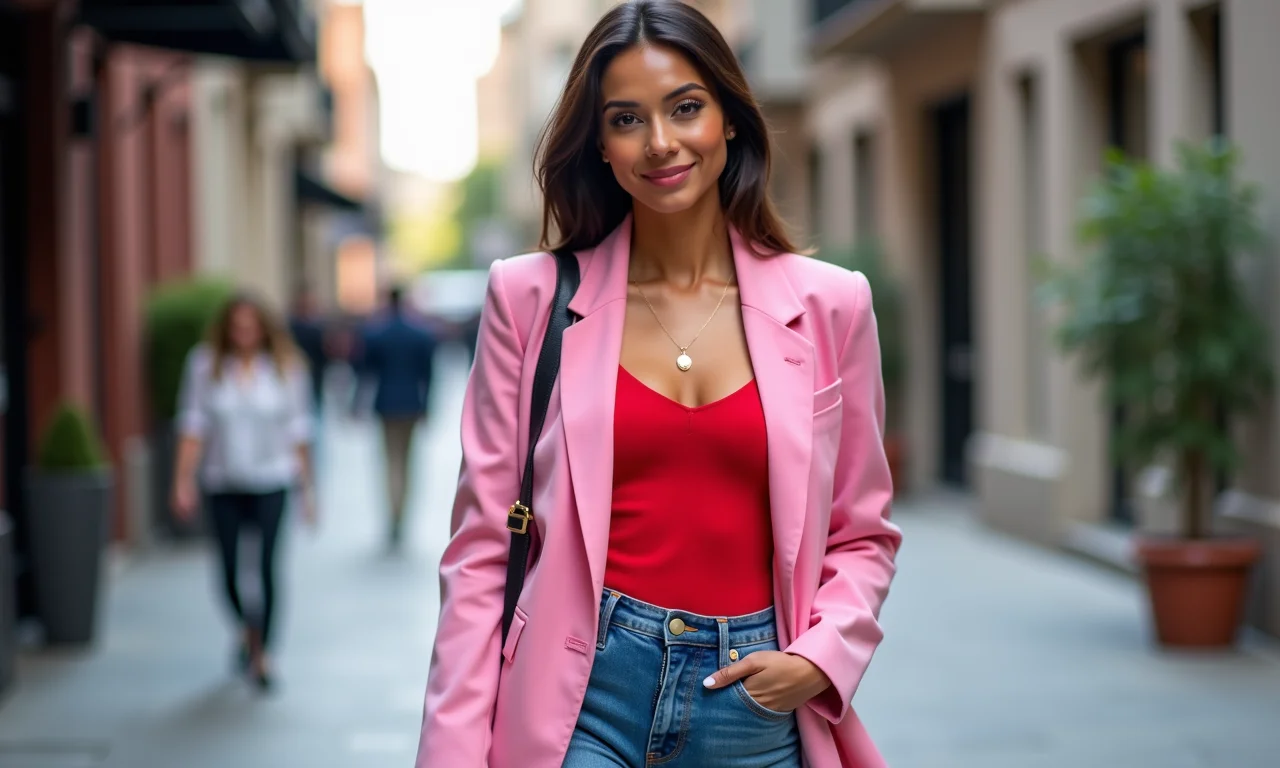 Mulher confiante com blazer rosa sobre blusa vermelha e jeans, um look casual e estiloso.