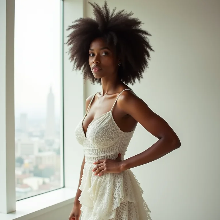 Mulher confiante vestindo um vestido impresso em 3D desenhado por um designer famoso.