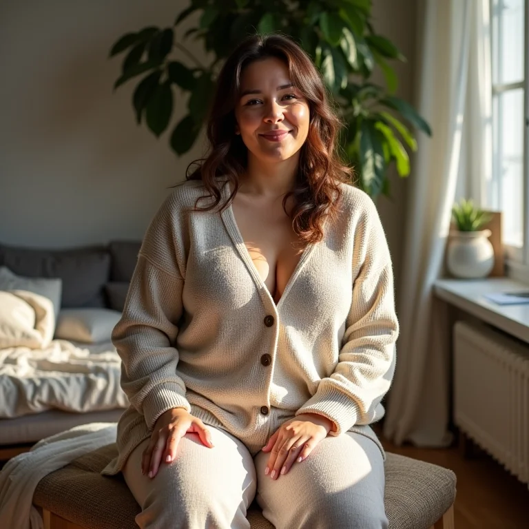 Mulher confortável com conjunto de tricô