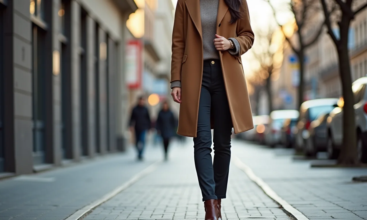 Mulher confortável e estilosa com calça de alfaiataria e casaco de lã no inverno em São Paulo.