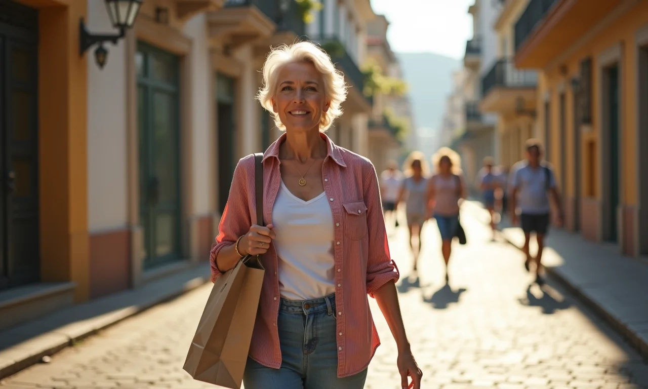 Mulher confortável e moderna caminhando na rua.