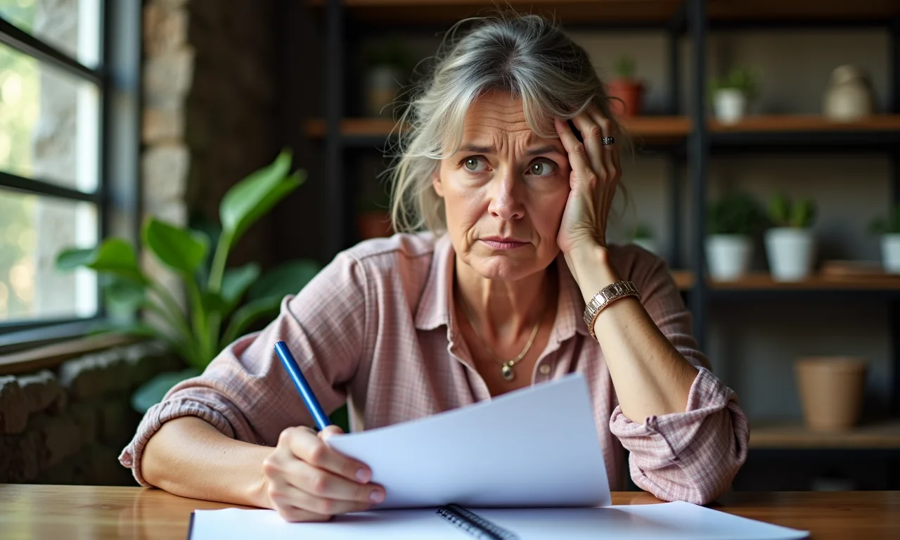 Mulher confusa olhando um calendário, representando ciclos menstruais irregulares.