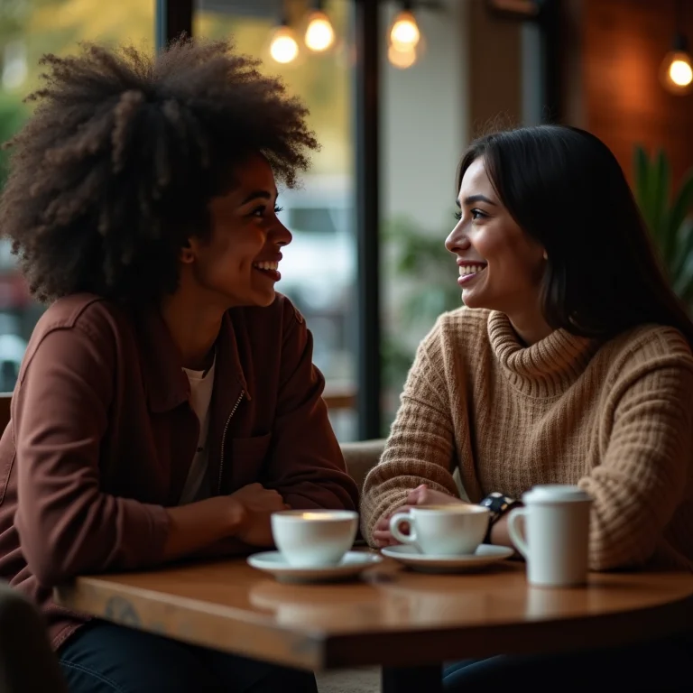 Mulher conhecendo amigo de amigo em café aconchegante.