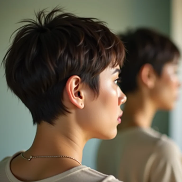 Mulher considerando corte de cabelo curto ideal para seu rosto