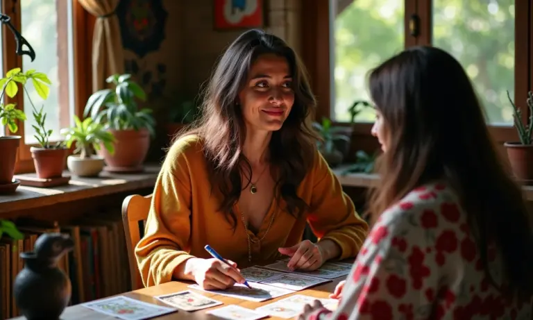 Mulher consultando cartomante em ambiente aconchegante e colorido.