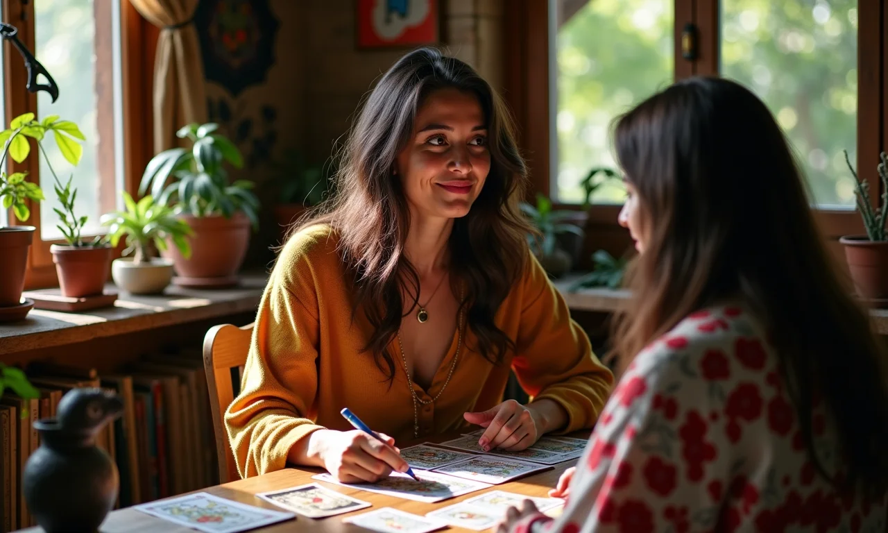 Mulher consultando cartomante em ambiente aconchegante e colorido.
