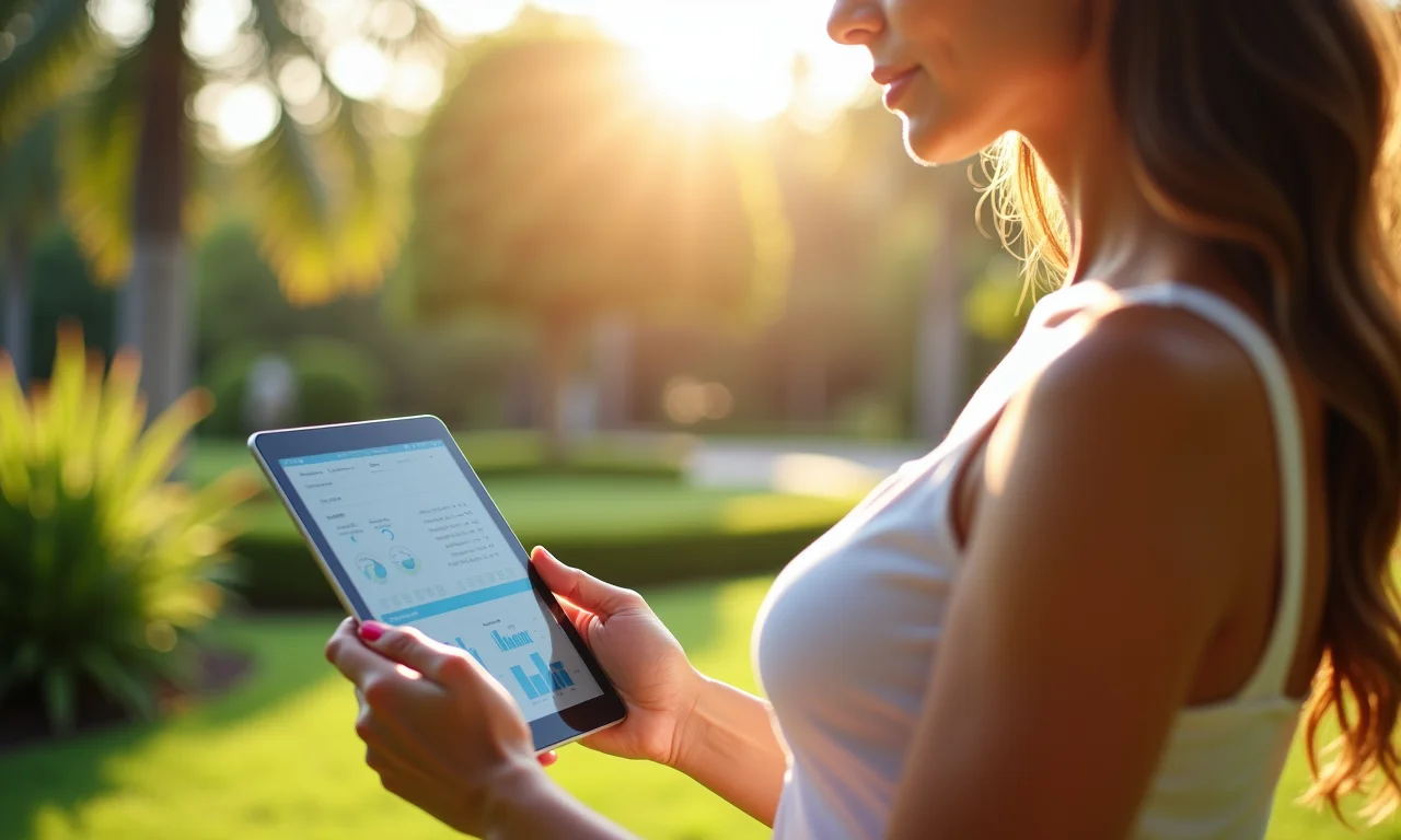 Mulher consultando dados climáticos para planejar o plantio.