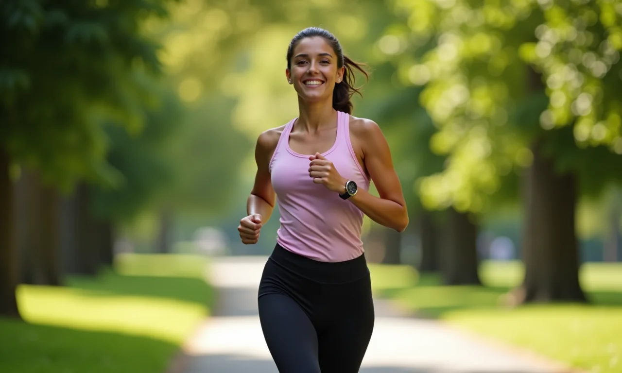 Mulher correndo em um parque, praticando exercício físico para a saúde do coração.