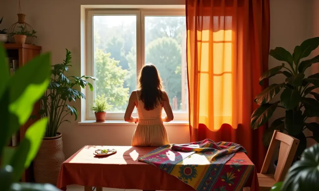 Mulher costurando cortina charmosa em casa com decoração vibrante.