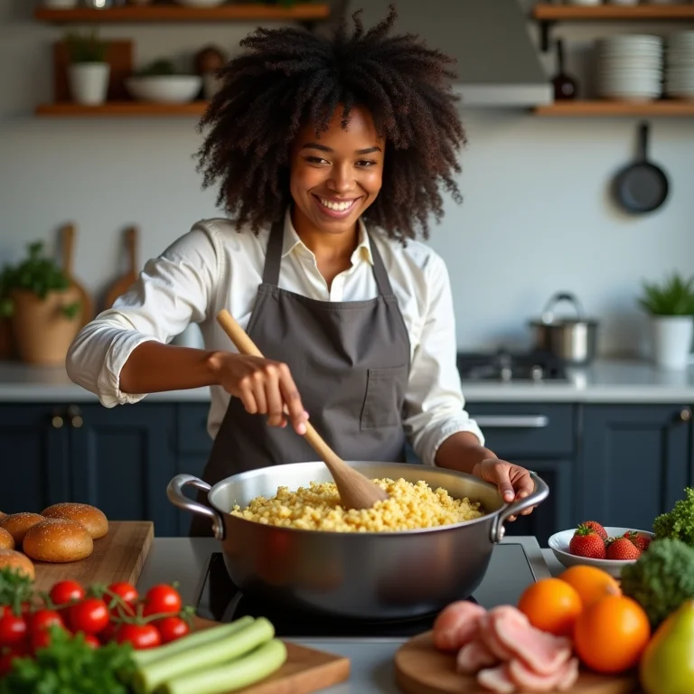 Mulher cozinhando em grande quantidade para as marmitas da semana