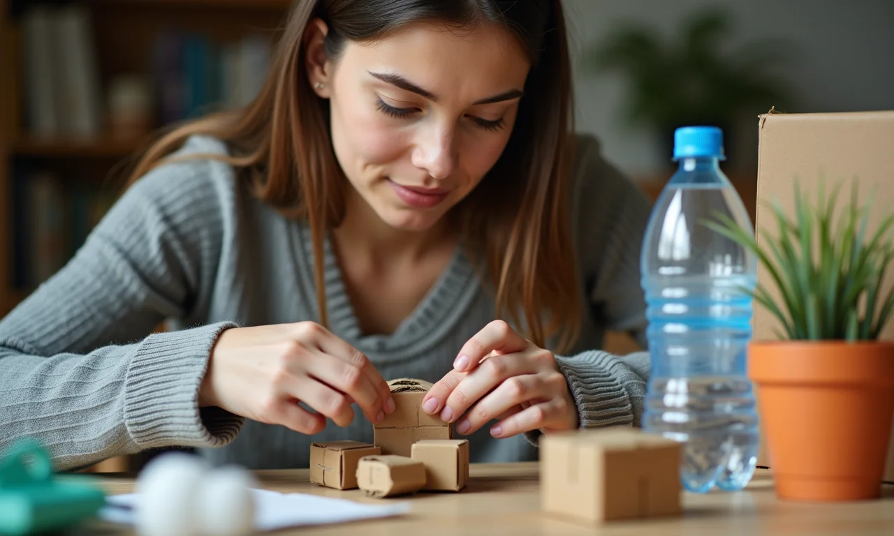 Mulher criando brinquedos com materiais reciclados em um workshop.