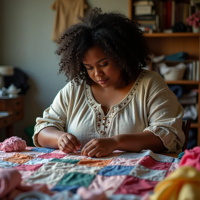 Mulher criando colcha de patchwork com roupas antigas