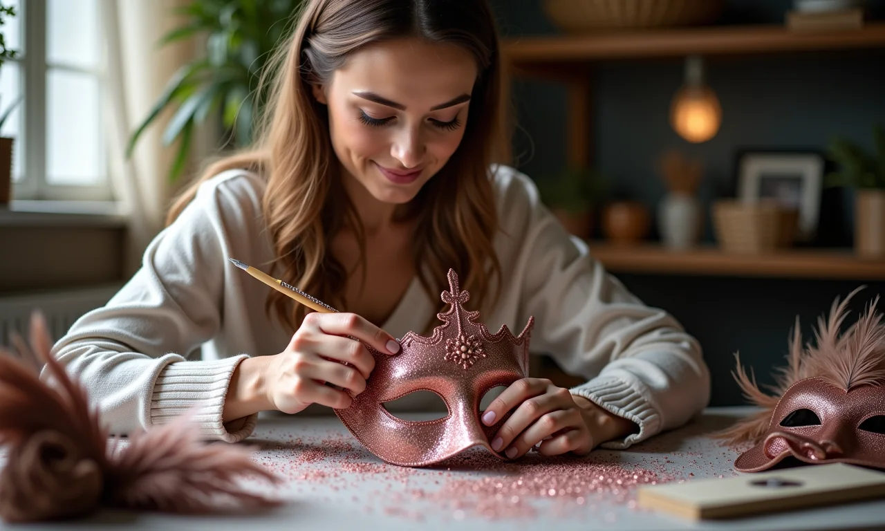 Mulher criando máscaras criativas em um workshop de artesanato.
