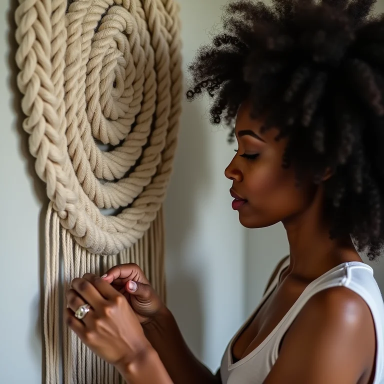 Mulher criando nó espiral em painel de macramê