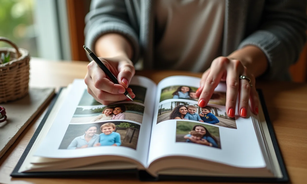 Mulher criando um livro de recortes em um workshop de scrapbooking.