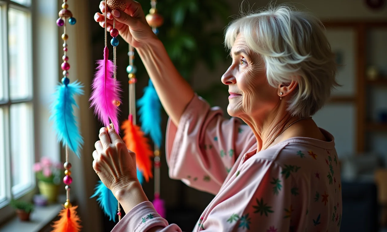 Mulher criando um móbile colorido em um workshop de artesanato.