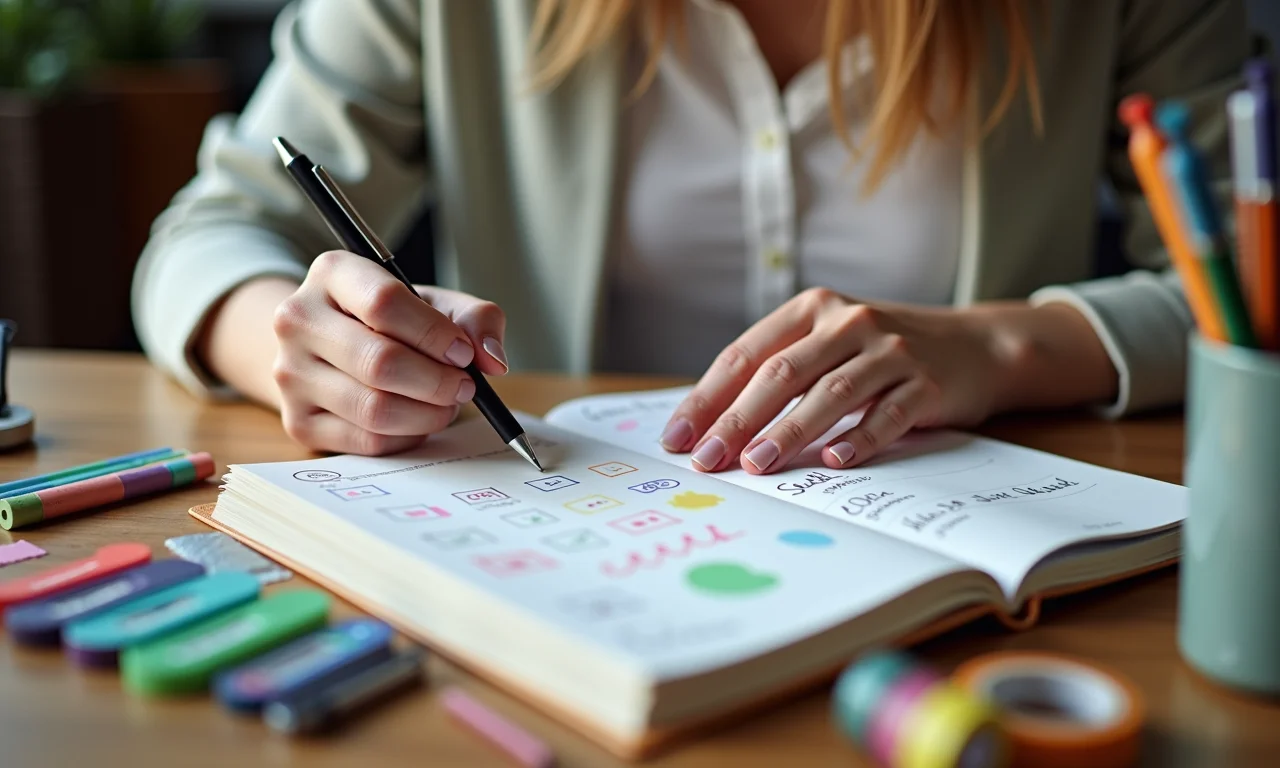 Mulher criando um planner simples com canetas coloridas e adesivos.