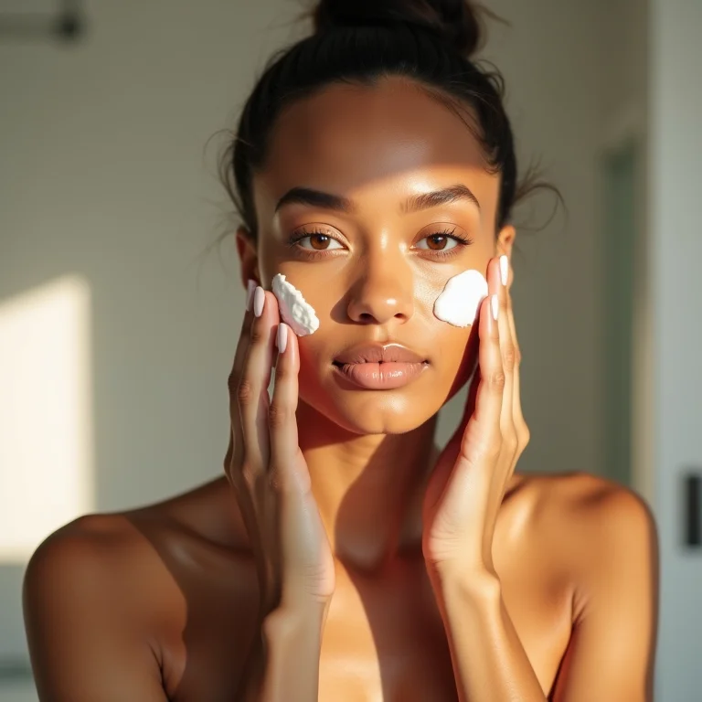 Mulher cuidando da pele em banheiro minimalista