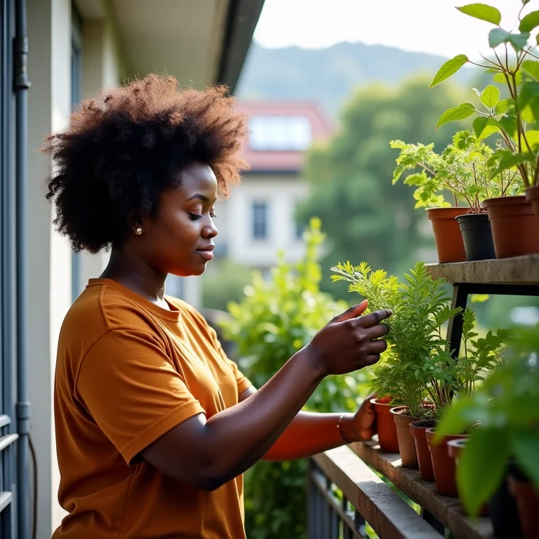 Mulher cuidando de jardim vertical na varanda