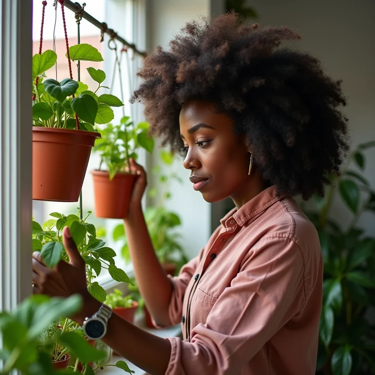 Mulher cuidando de jardim vertical suspenso