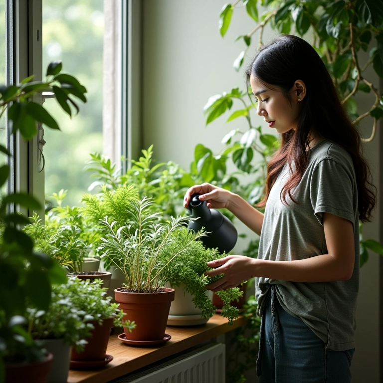 Mulher cuidando de suas plantas na varanda, desfrutando dos benefícios do espaço verde.