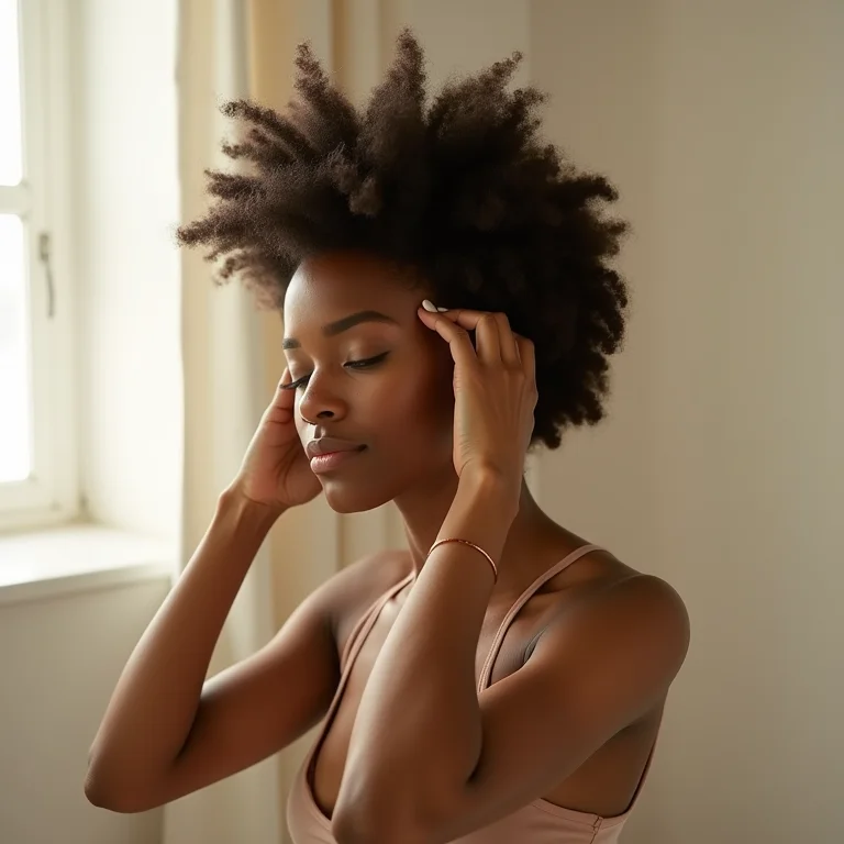Mulher cuidando dos cabelos naturais com óleo.