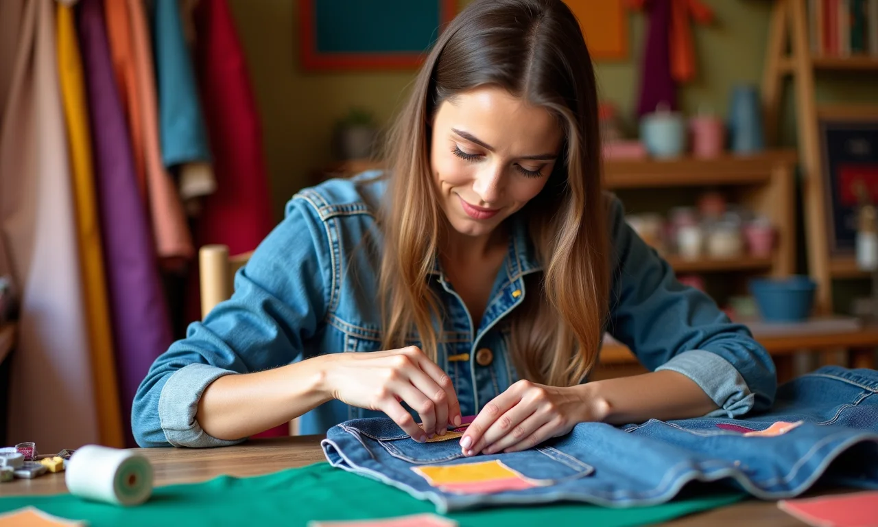 Mulher customizando jaqueta jeans com tecidos coloridos e ferramentas de costura.