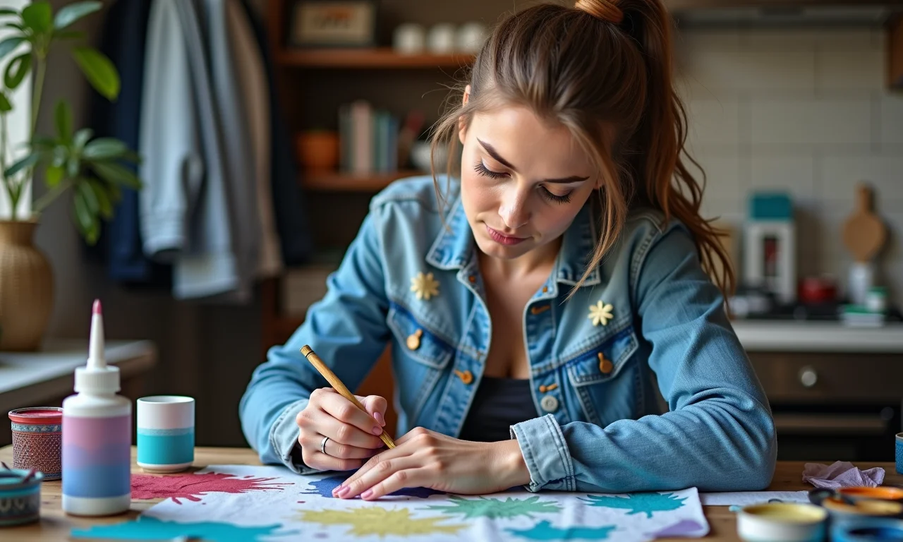 Mulher customizando roupas em um workshop de moda.