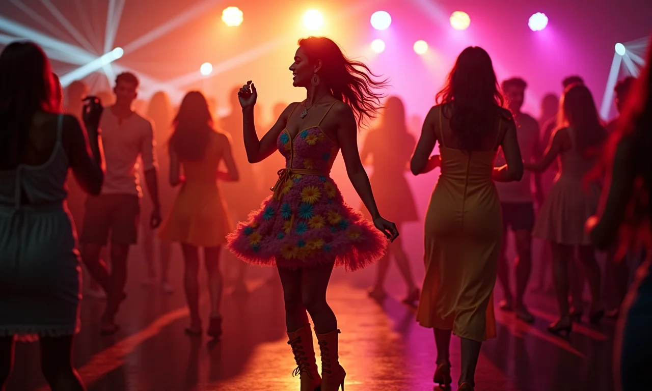 Mulher dançando em festa com vestido colorido e botas.