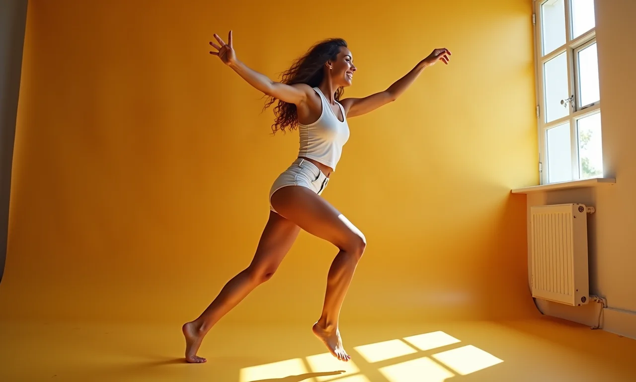 Mulher dançando livremente em estúdio ensolarado.