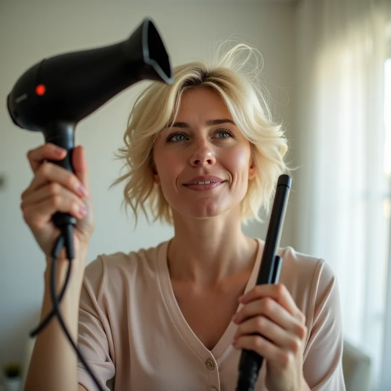 Mulher danificando o cabelo curto com secador e chapinha