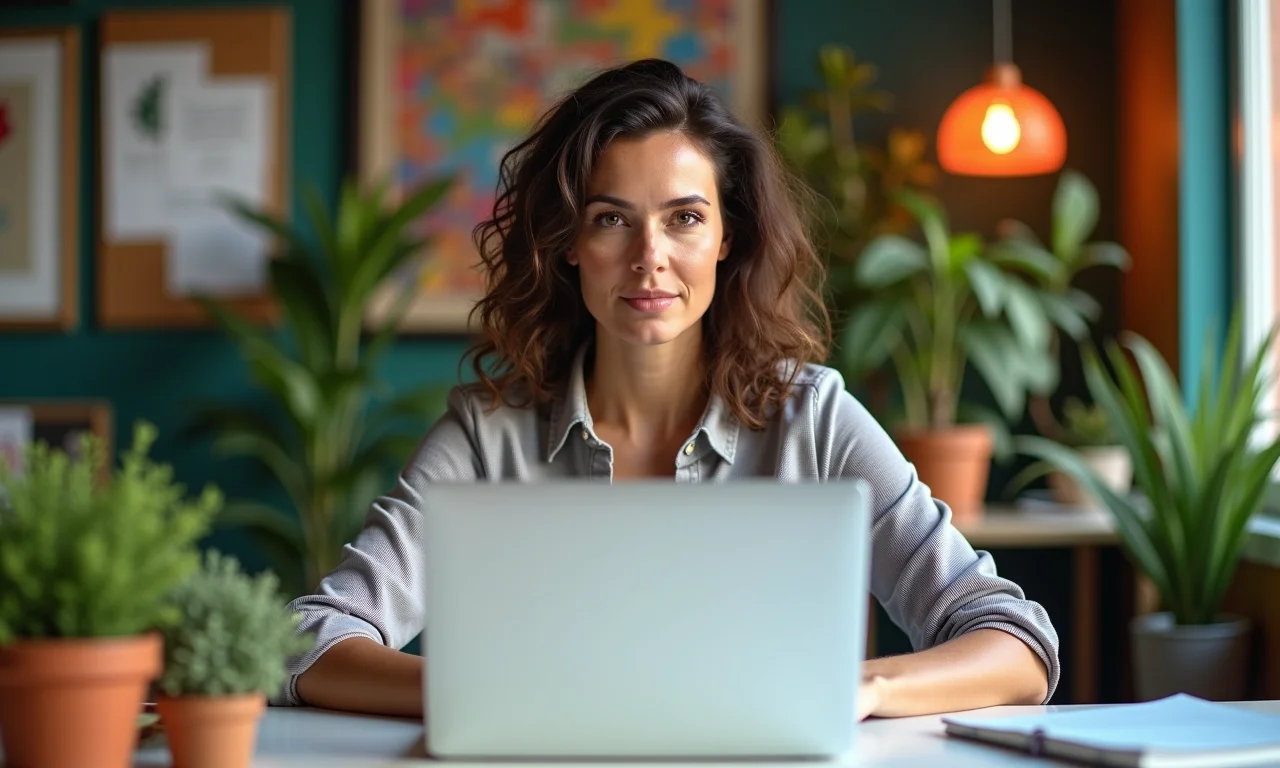 Mulher de 40 anos focada no trabalho em um escritório brasileiro moderno e inspirador.